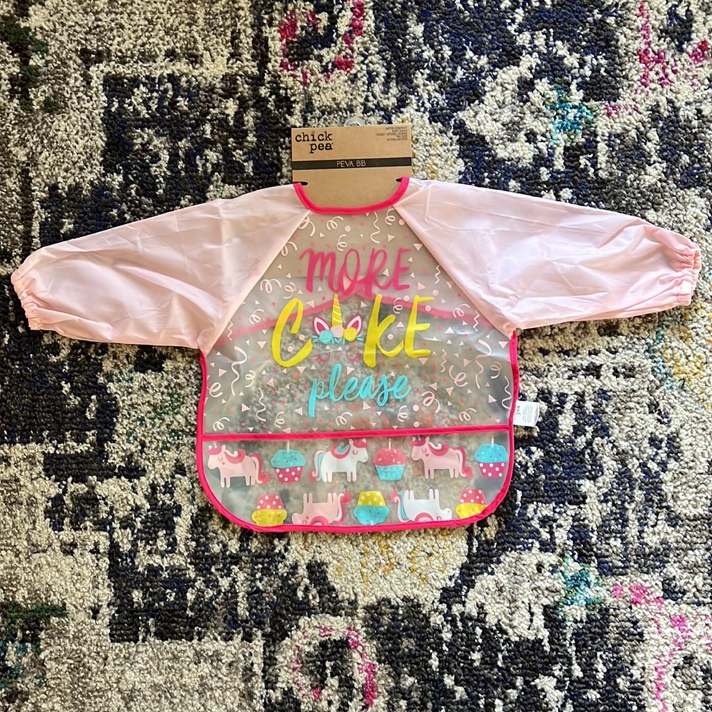 🆕 NWT Chick Pea Long Sleeve Pink Unicorn Water Resistant Bib Smock with Pocket